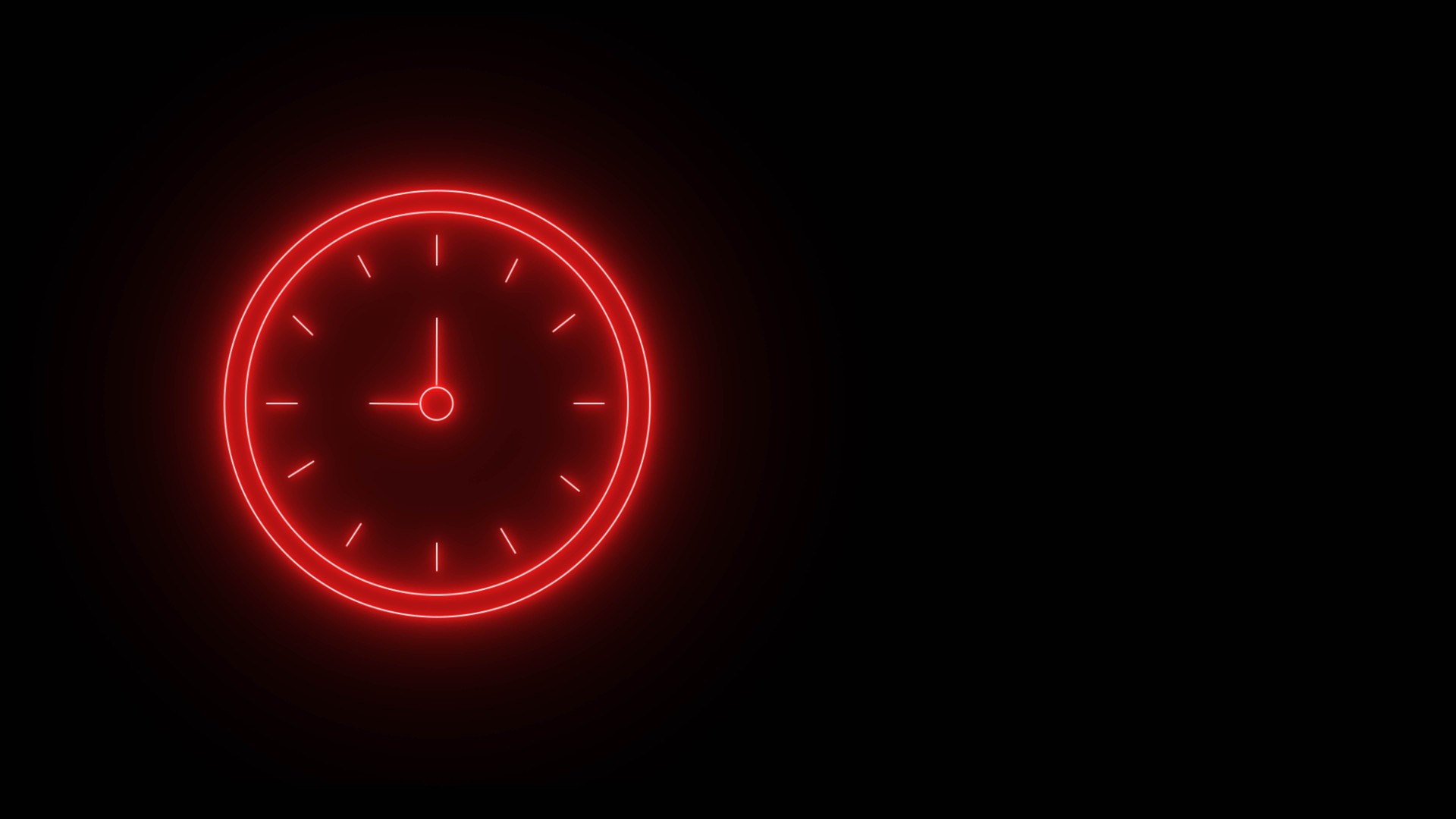 Reloj analógico de neón brillante abstracto sobre fondo negro. Icono de reloj de neón rojo brillante. Icono de reloj, reloj aislado podrido de velocidad rápida de 24 horas. Reloj, letrero de neón a cualquier hora.